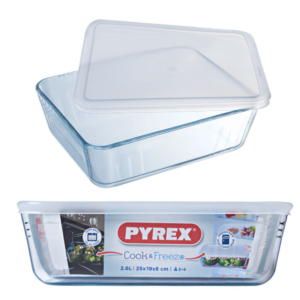 כלי אחסון מלבני 2.6 ליטר + מכסה פלסטיק PYREX